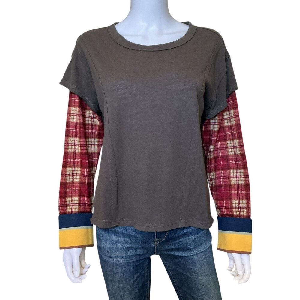 Natural Life Layered Look Plaid Flannel Sleeve Knit Top Womens XS Mushroom Beige
